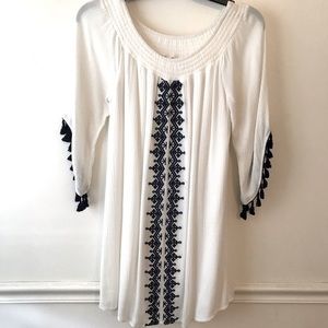 Boho embroidered white tunic cover up tasseled with fancy sleeves